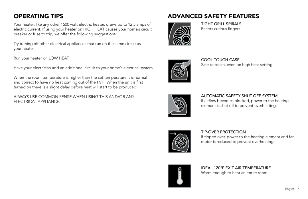 Vornado PVH manual Operating Tips, Advanced Safety Features 