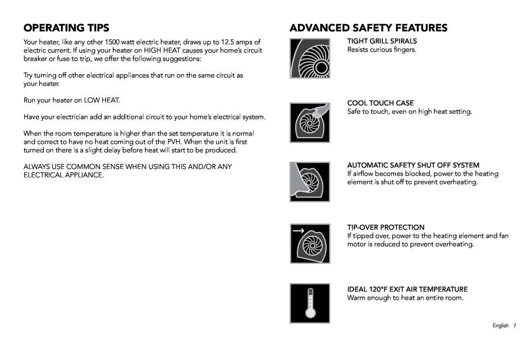 Vornado PVH manual Operating Tips, Advanced Safety Features 