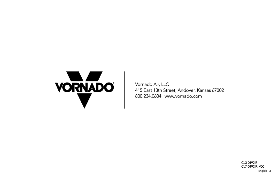Vornado PVH manual Vornado Air, LLC, CL3-0192R CL7-0192r, English 