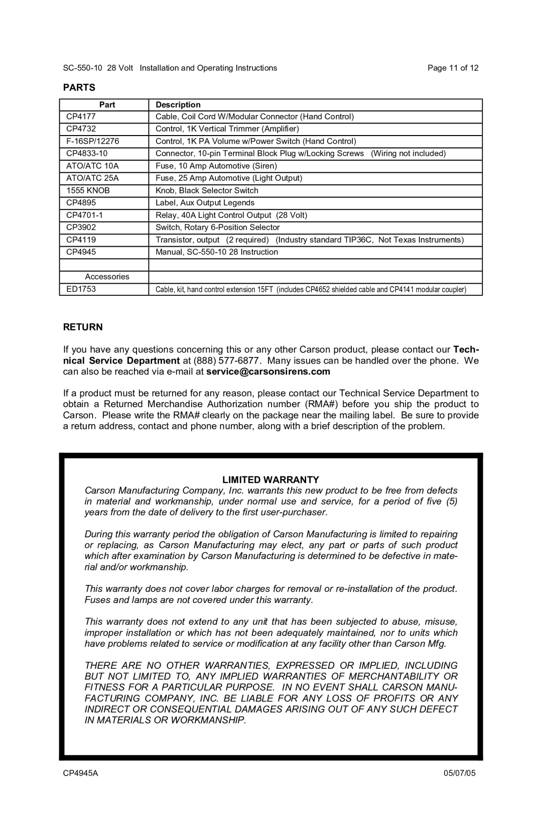 Vornado SC-550-10 operating instructions Parts, Return, Limited Warranty, Part Description 