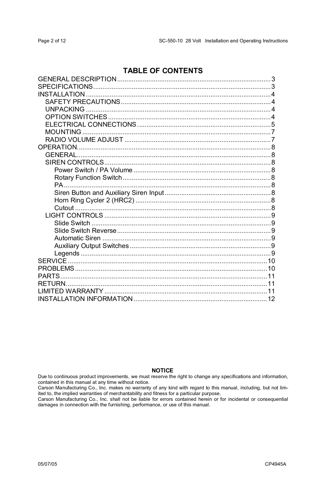 Vornado SC-550-10 operating instructions Table of Contents 