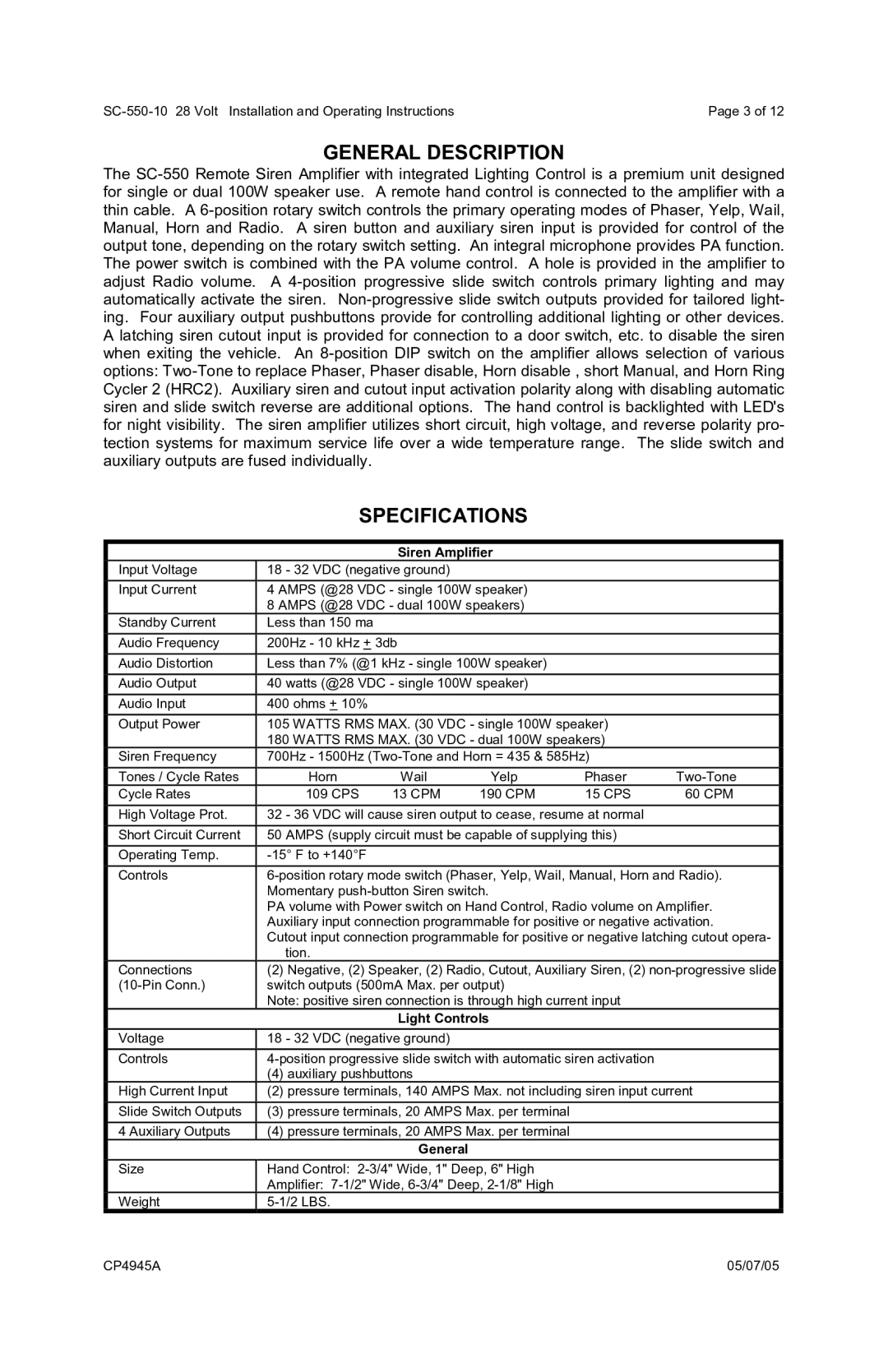 Vornado SC-550-10 operating instructions General Description, Specifications, Siren Amplifier, Light Controls 