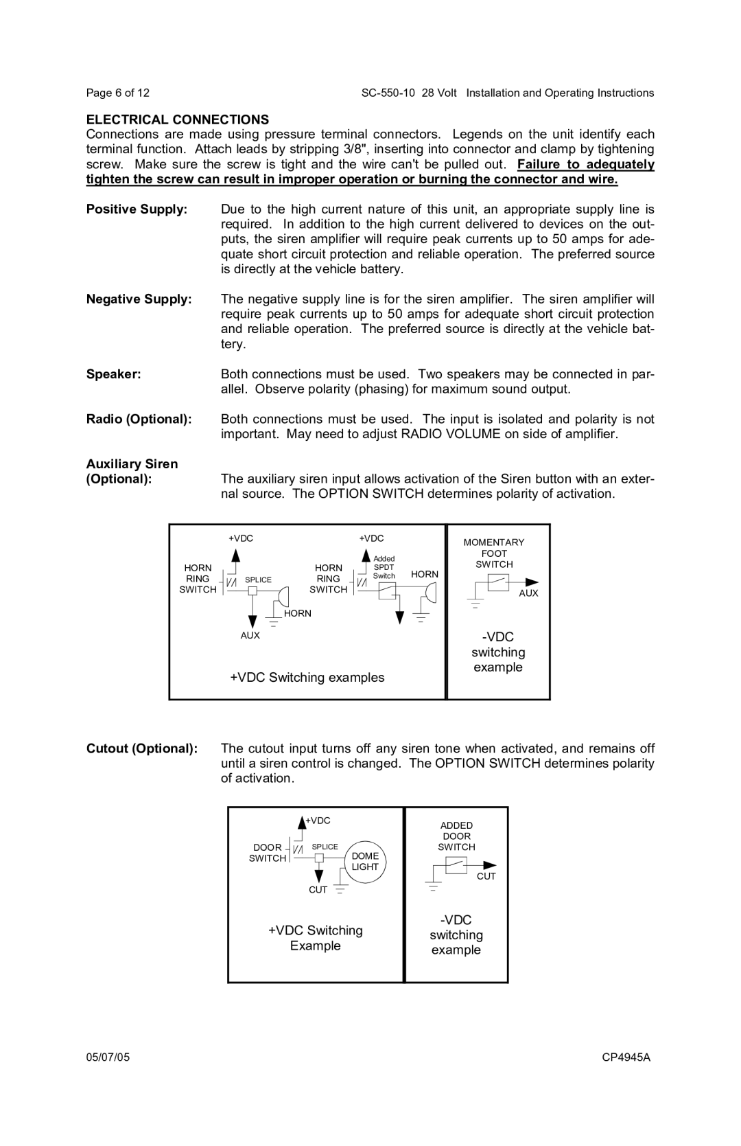 Vornado SC-550-10 operating instructions Auxiliary Siren, Vdc 