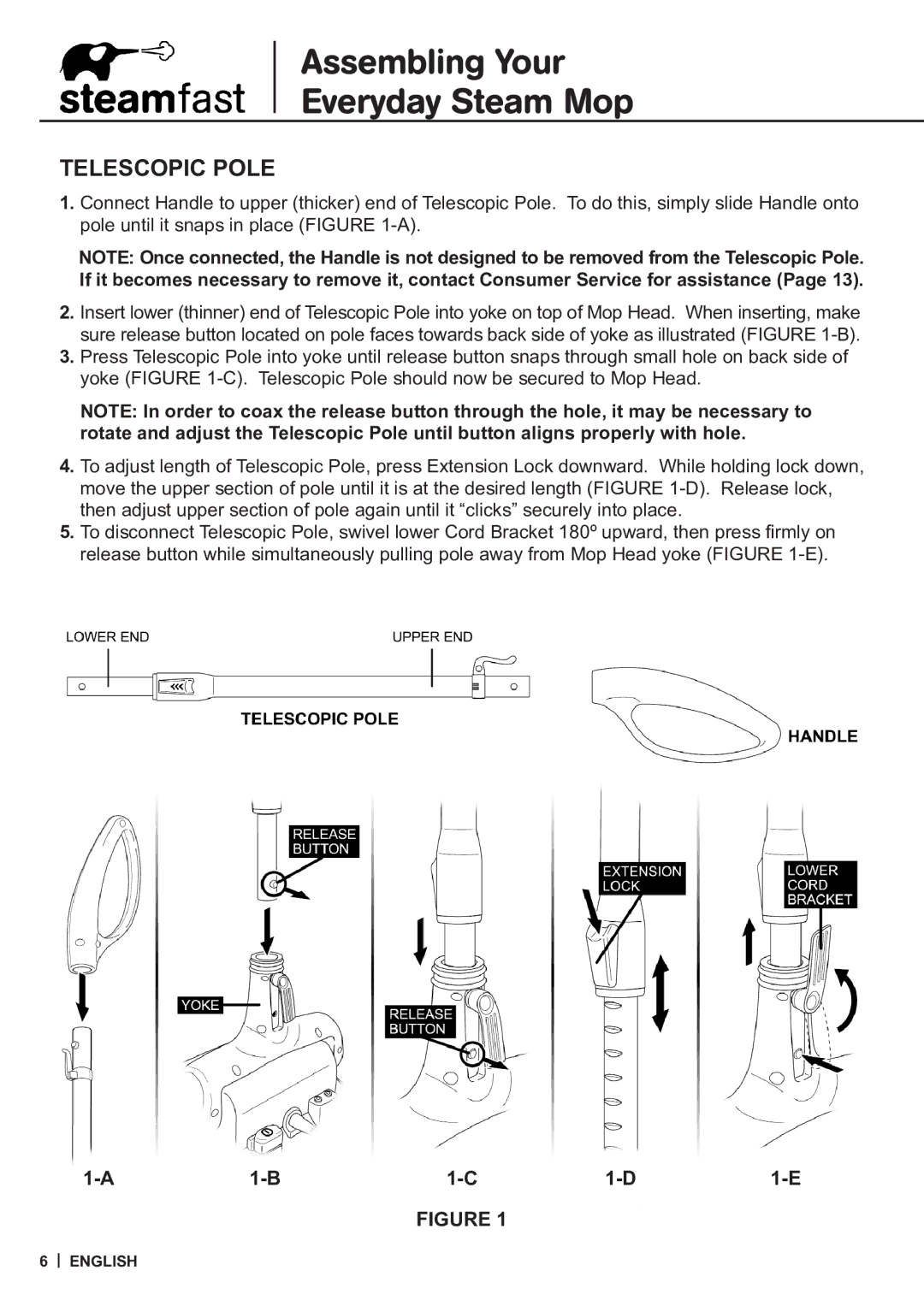 Vornado SF-140 warranty Assembling Your Everyday Steam Mop, Telescopic Pole 