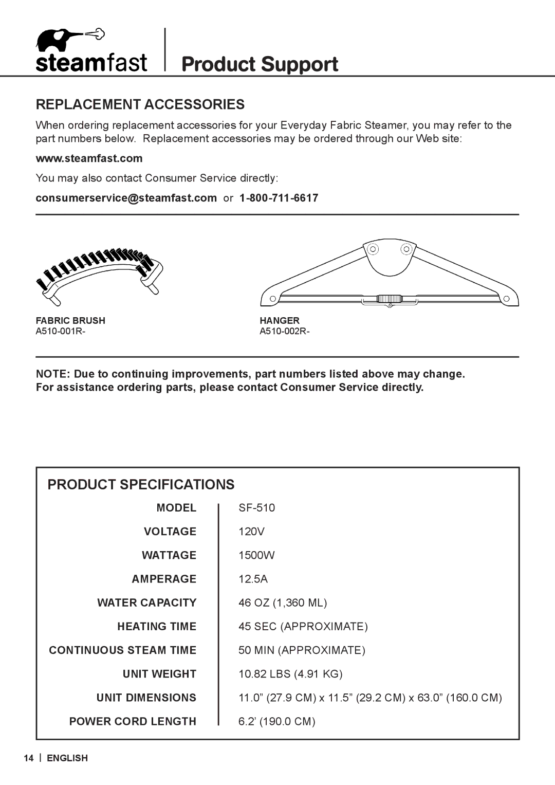 Vornado SF-510 warranty Replacement Accessories, Product Specifications 