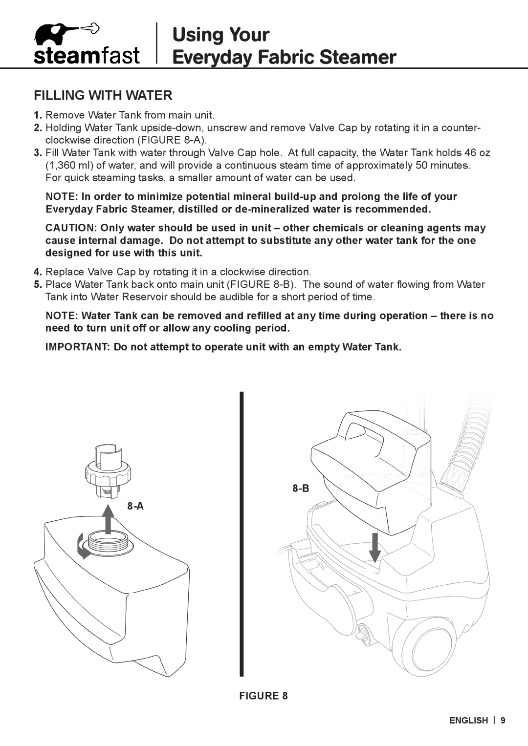 Vornado SF-510 warranty Using Your Everyday Fabric Steamer, Filling with Water 