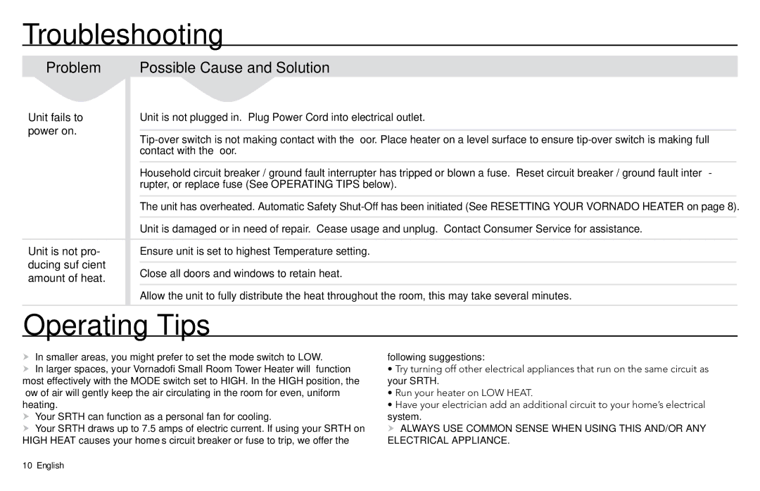 Vornado SRTH, Vornado Small Room Tower Heater manual Troubleshooting, Operating Tips 