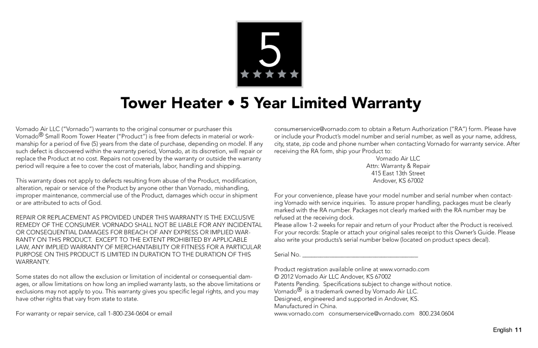 Vornado Vornado Small Room Tower Heater, SRTH manual Tower Heater 5 Year Limited Warranty 