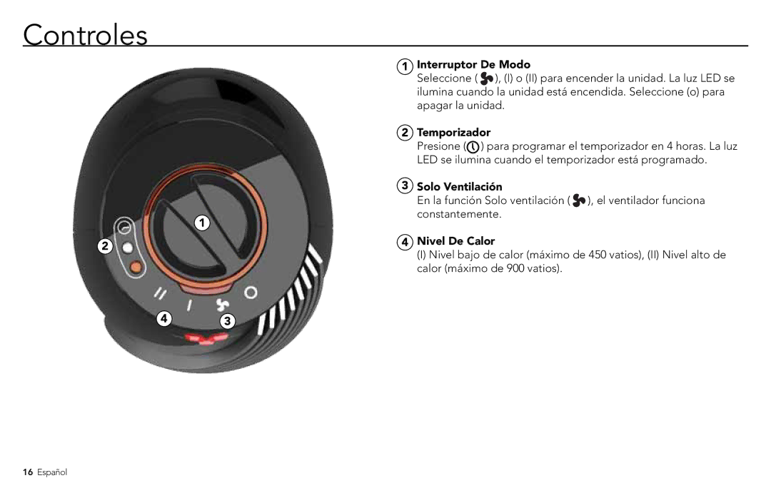 Vornado SRTH manual Controles, Interruptor De Modo, Temporizador, Solo Ventilación, Nivel De Calor 