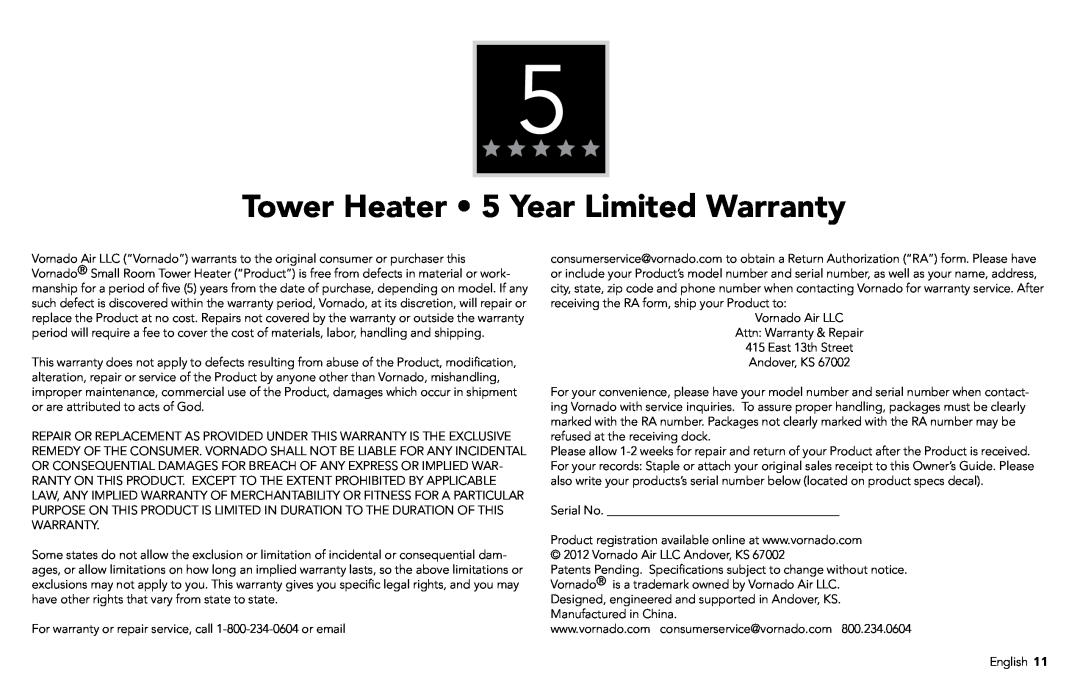 Vornado Vornado Small Room Tower Heater, SRTH manual Tower Heater 5 Year Limited Warranty 