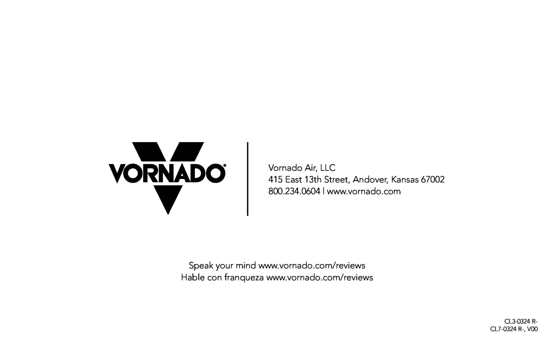 Vornado SRTH, Vornado Small Room Tower Heater manual Vornado Air, LLC, CL3-0324R- CL7-0324 R-,V00 