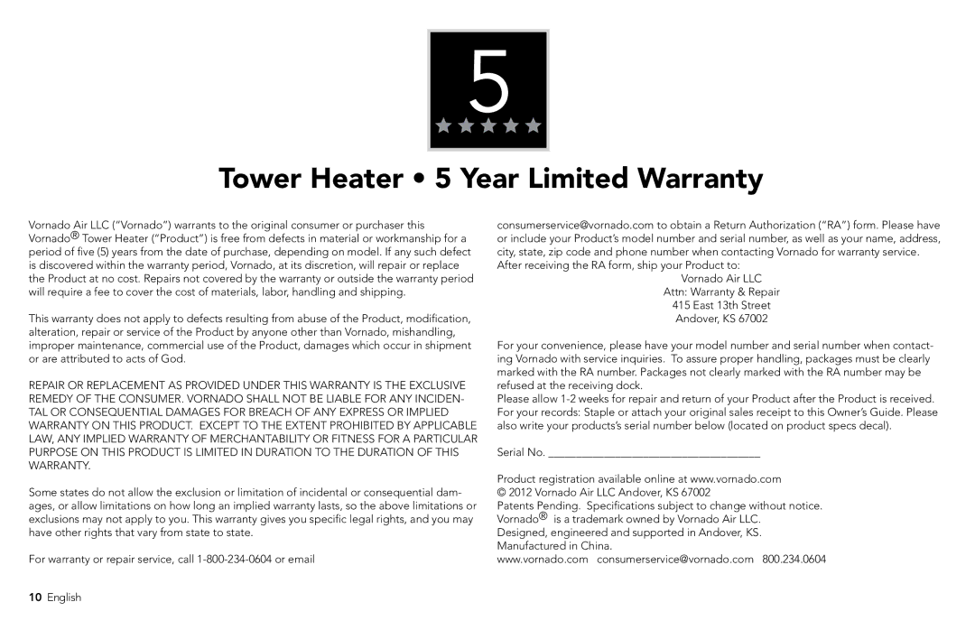 Vornado TH1T manual Tower Heater 5 Year Limited Warranty 