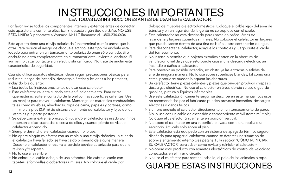 Vornado Tower Heater, TH1T manual Instrucciones Importantes 