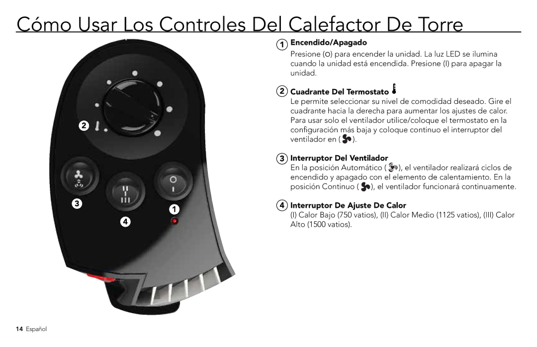 Vornado TH1T, Tower Heater Cómo Usar Los Controles Del Calefactor De Torre, Encendido/Apagado, Cuadrante Del Termostato 