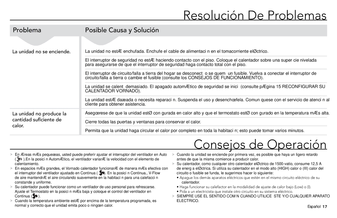 Vornado TH1T, Tower Heater manual Resolución De Problemas, Consejos de Operación 