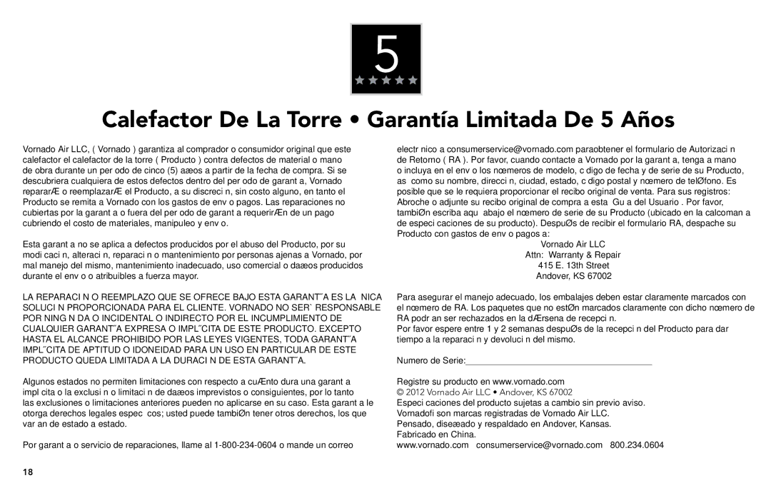 Vornado Tower Heater, TH1T manual Calefactor De La Torre Garantía Limitada De 5 Años 