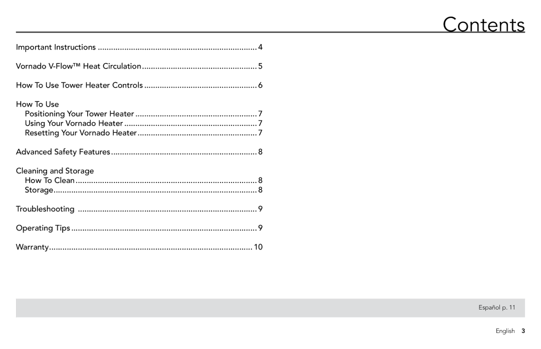 Vornado Tower Heater, TH1T manual Contents 