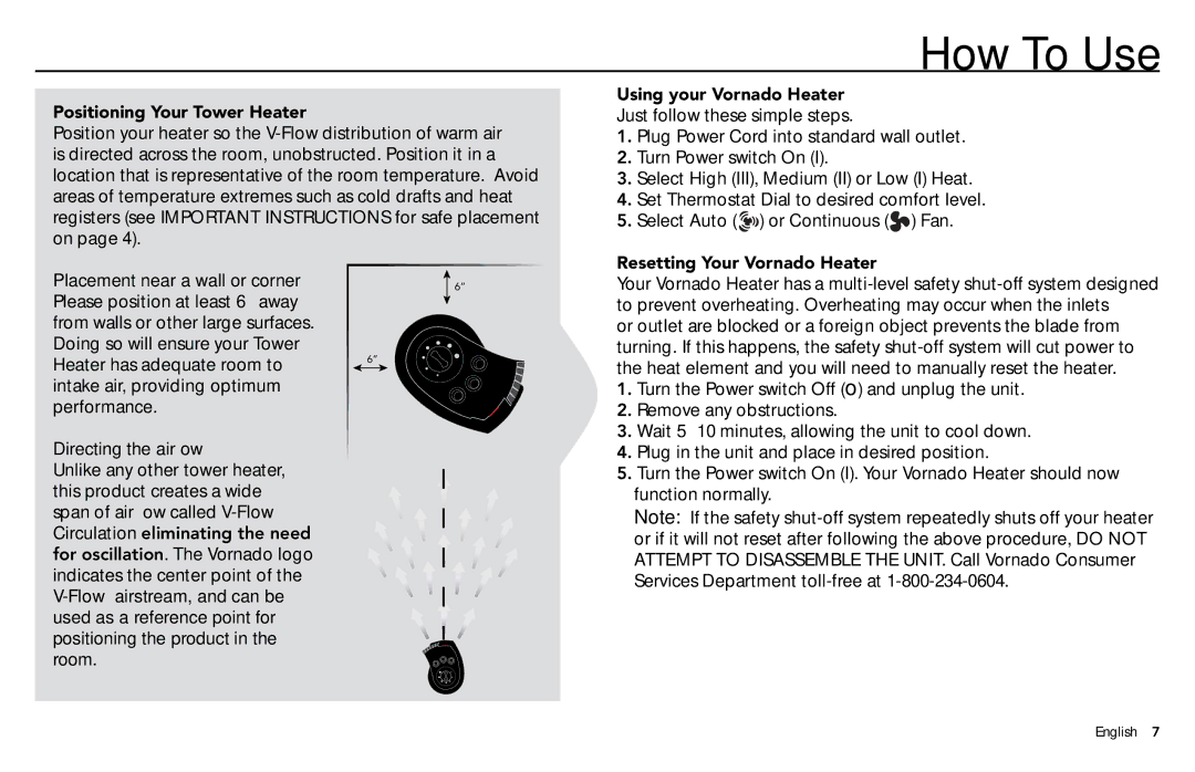 Vornado TH1T How To Use, Positioning Your Tower Heater, Using your Vornado Heater, Resetting Your Vornado Heater 