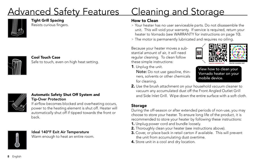 Vornado TH1T, Tower Heater manual Advanced Safety Features Cleaning and Storage, Tight Grill Spacing, Cool Touch Case 