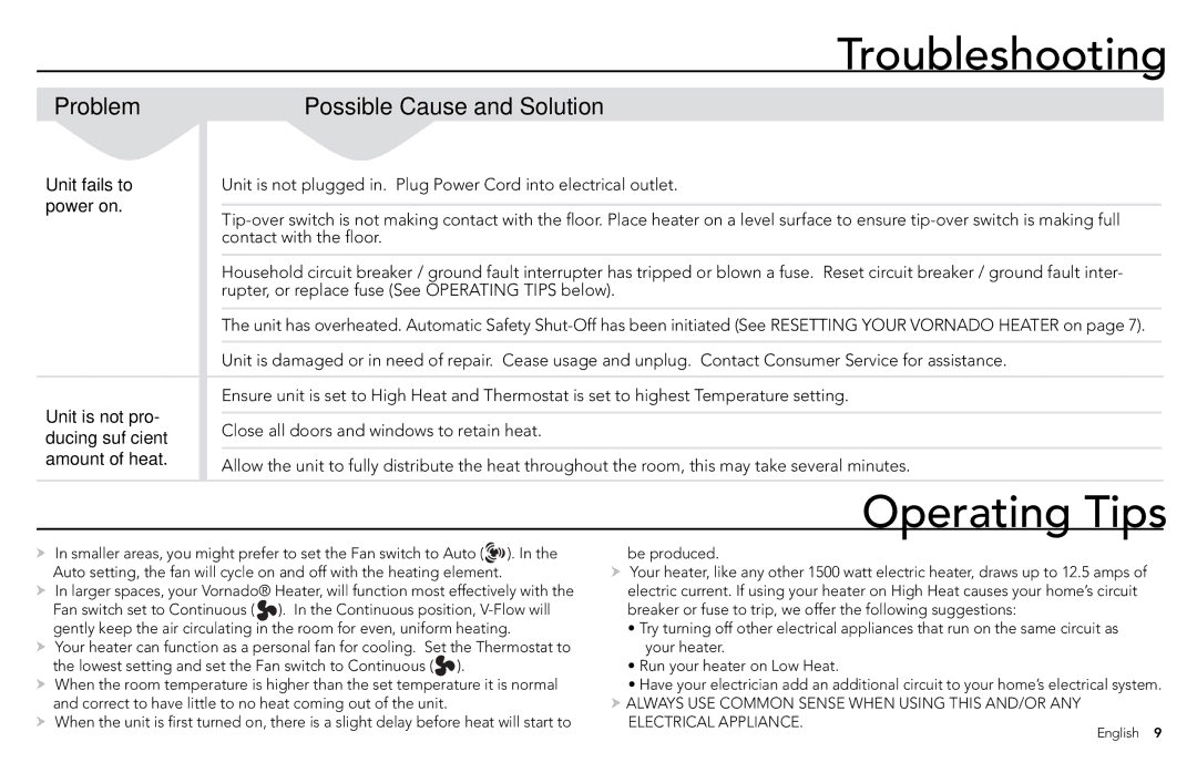 Vornado Tower Heater, TH1T manual Troubleshooting, Operating Tips 