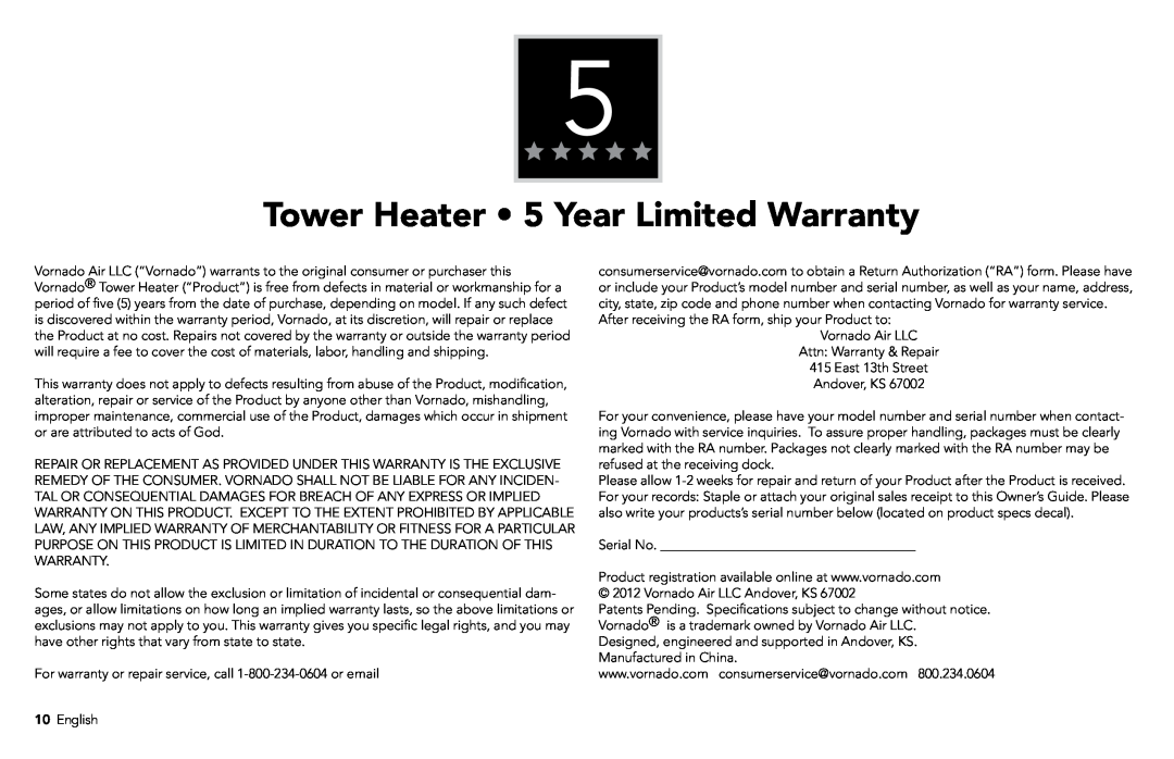 Vornado TH1T manual Tower Heater 5 Year Limited Warranty 