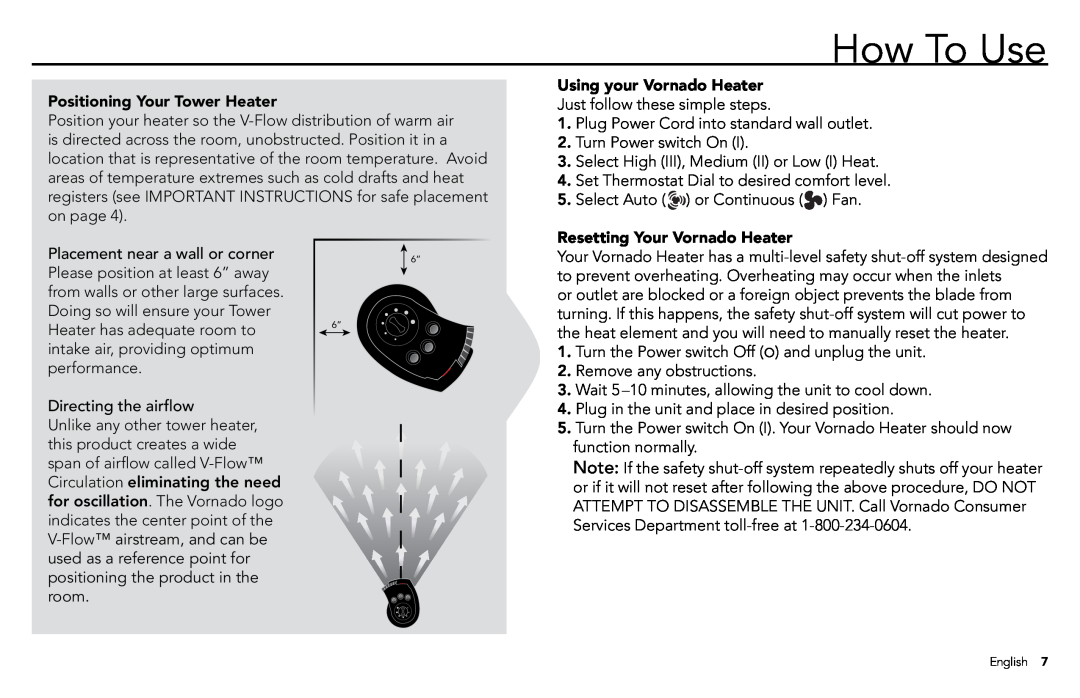 Vornado TH1T How To Use, Positioning Your Tower Heater, Using your Vornado Heater, Resetting Your Vornado Heater 