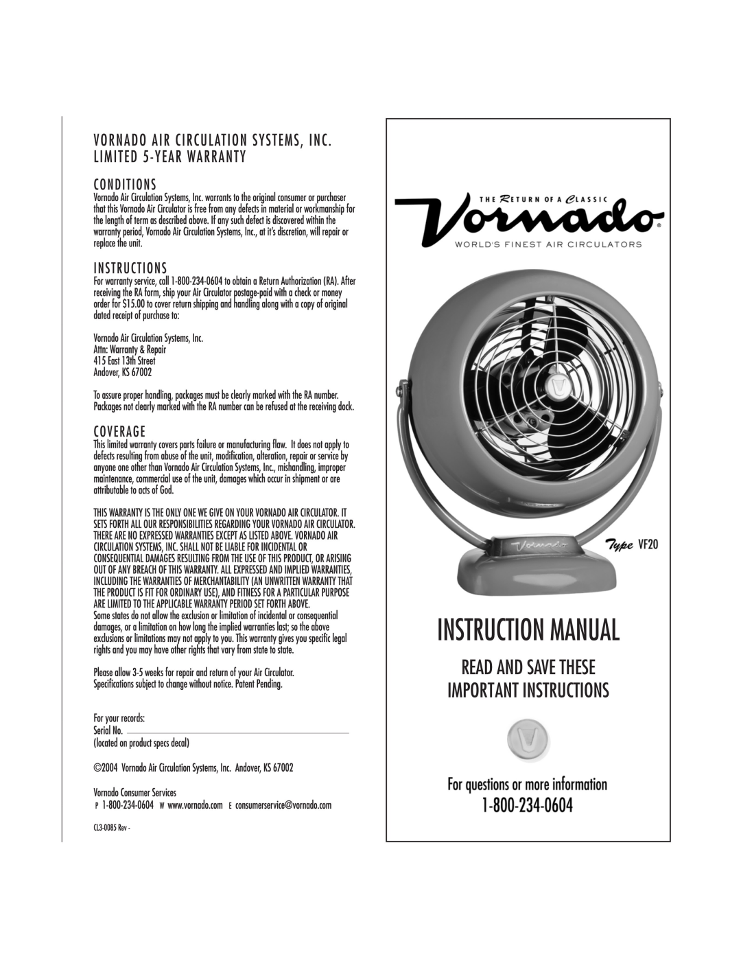 Vornado Type VF20 manual 