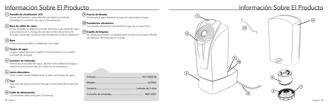 Vornado ULTRA1, Ultrasonic Vortex Humidifier manual Información Sobre El Producto 