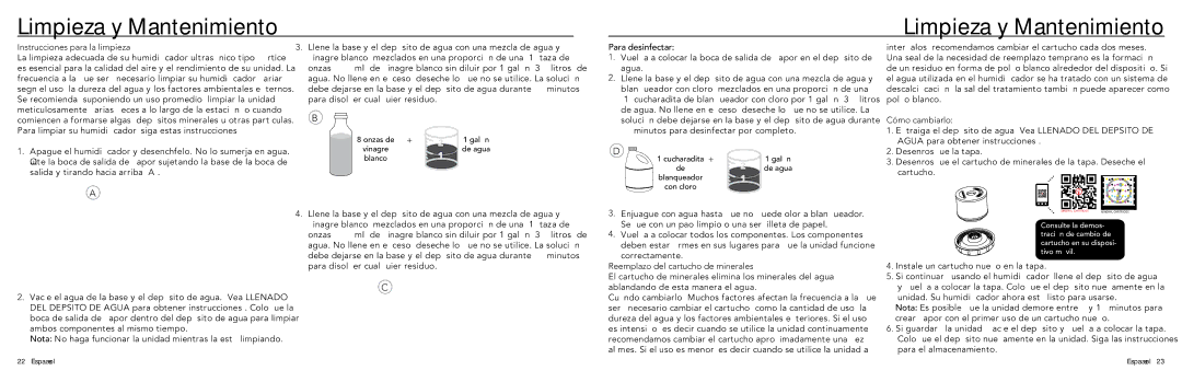 Vornado ULTRA1 manual Limpieza y Mantenimiento, Instrucciones para la limpieza, Reemplazo del cartucho de minerales 