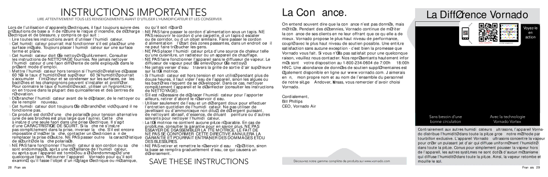 Vornado Ultrasonic Vortex Humidifier, ULTRA1 manual Instructions Importantes, La Confiance La Différence Vornado 