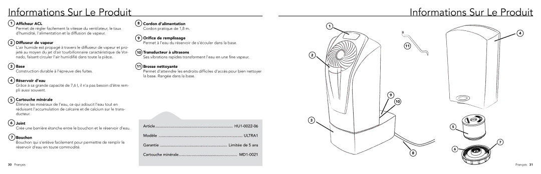 Vornado ULTRA1, Ultrasonic Vortex Humidifier manual Informations Sur Le Produit 