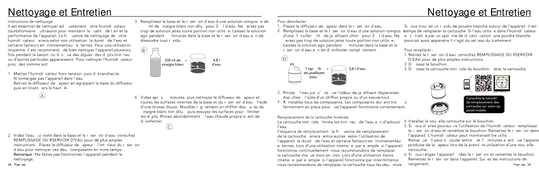 Vornado ULTRA1 manual Nettoyage et Entretien, Instructions de nettoyage, Pour désinfecter, Pour remplacer 