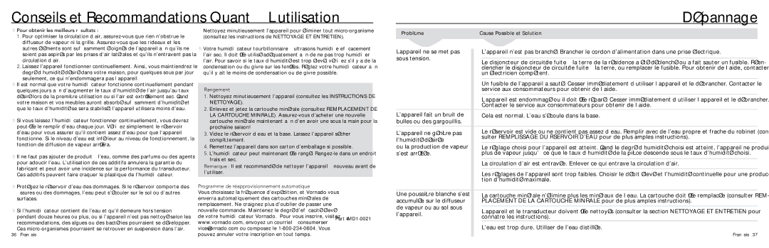 Vornado Ultrasonic Vortex Humidifier, ULTRA1 manual Conseils et Recommandations Quant À L’utilisation Dépannage, Rangement 