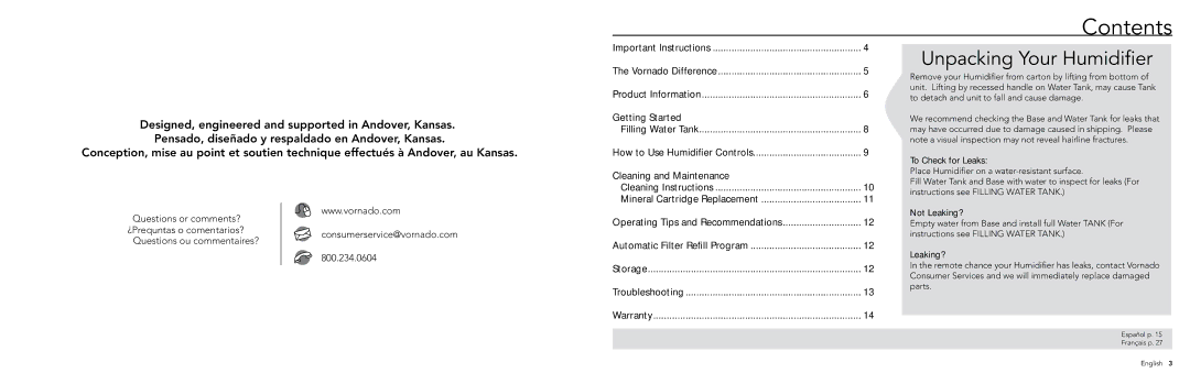 Vornado ULTRA1, Ultrasonic Vortex Humidifier manual Contents 