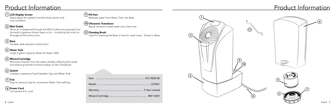 Vornado ULTRA1, Ultrasonic Vortex Humidifier manual Product Information 