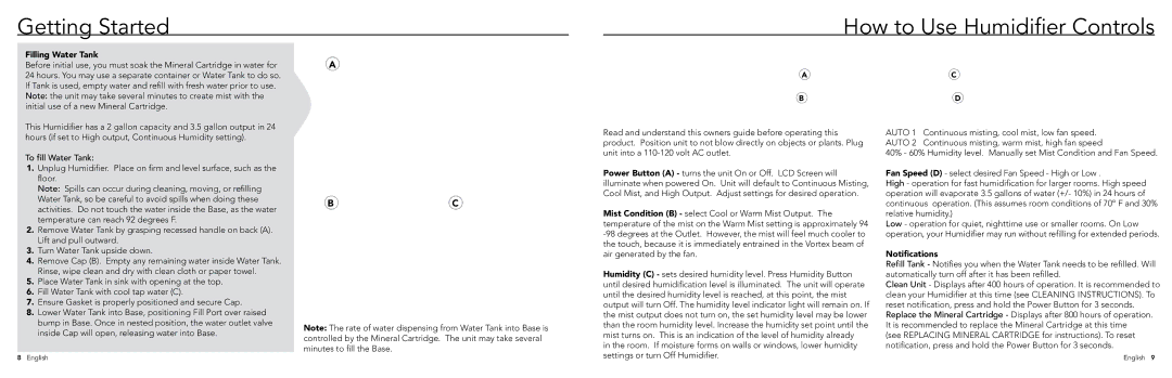 Vornado Ultrasonic Vortex Humidifier Getting Started How to Use Humidifier Controls, Filling Water Tank, Notifications 