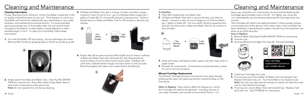 Vornado ULTRA1 manual Cleaning and Maintenance, Cleaning Instructions, Mineral Cartridge Replacement 