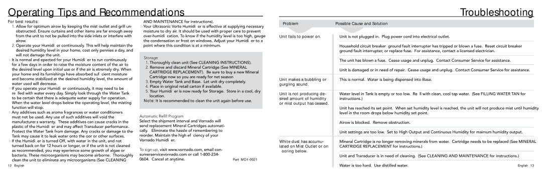Vornado Ultrasonic Vortex Humidifier Operating Tips and Recommendations Troubleshooting, Storage, Automatic Refill Program 
