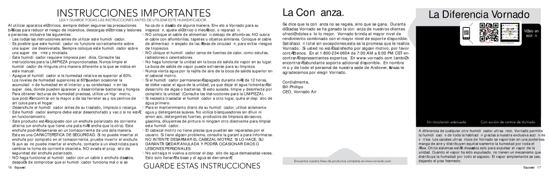 Vornado Ultrasonic Vortex Humidifier manual La Confianza La Diferencia Vornado, Cordialmente Bill Phillips CEO, Vornado Air 