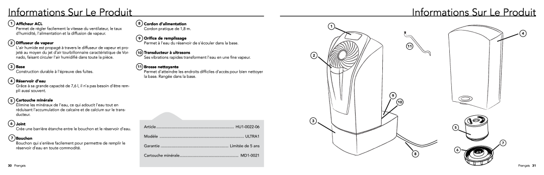 Vornado ULTRA1, Ultrasonic Vortex Humidifier manual Informations Sur Le Produit 