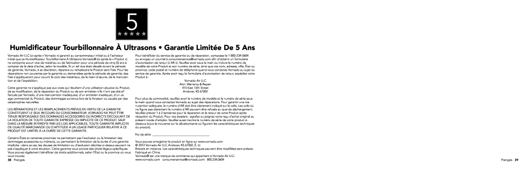 Vornado ULTRA1, Ultrasonic Vortex Humidifier manual 38Français 