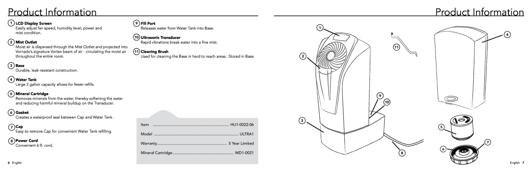 Vornado ULTRA1, Ultrasonic Vortex Humidifier manual Product Information 