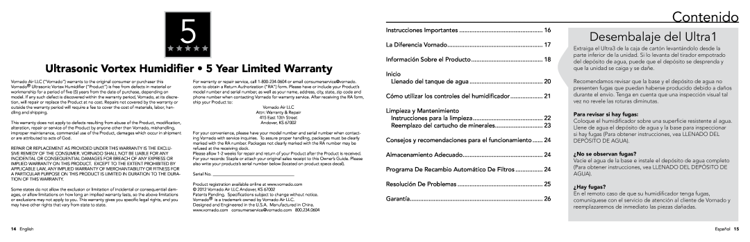Vornado ULTRA1, Ultrasonic Vortex Humidifier manual Contenido, Desembalaje del Ultra1 