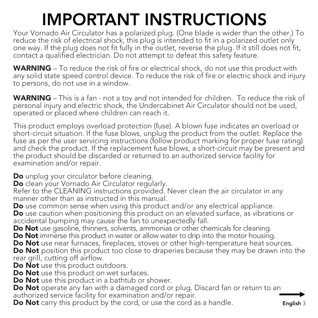 Vornado Under cabinet air curculator, V703 manual 