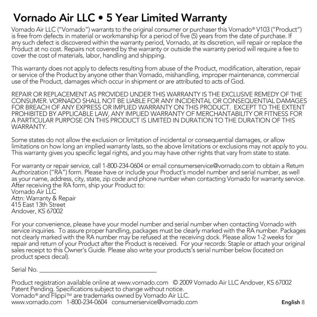 Vornado V703, Under cabinet air curculator manual 
