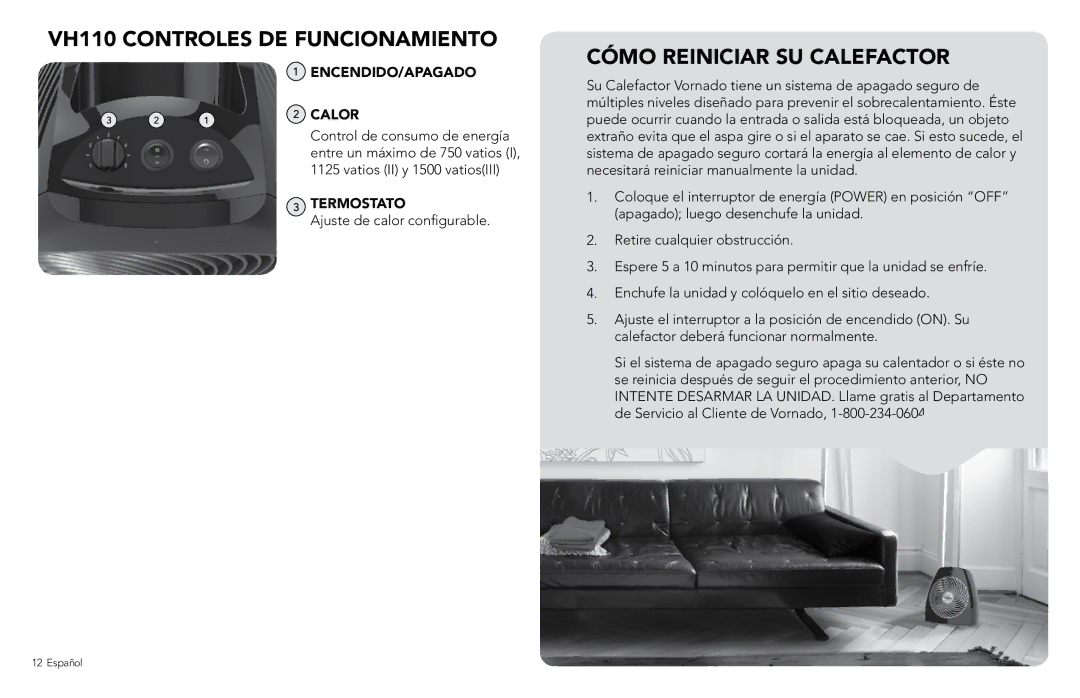 Vornado manual VH110 Controles DE Funcionamiento, Cómo Reiniciar SU Calefactor, Encendido/Apagado, Termostato 