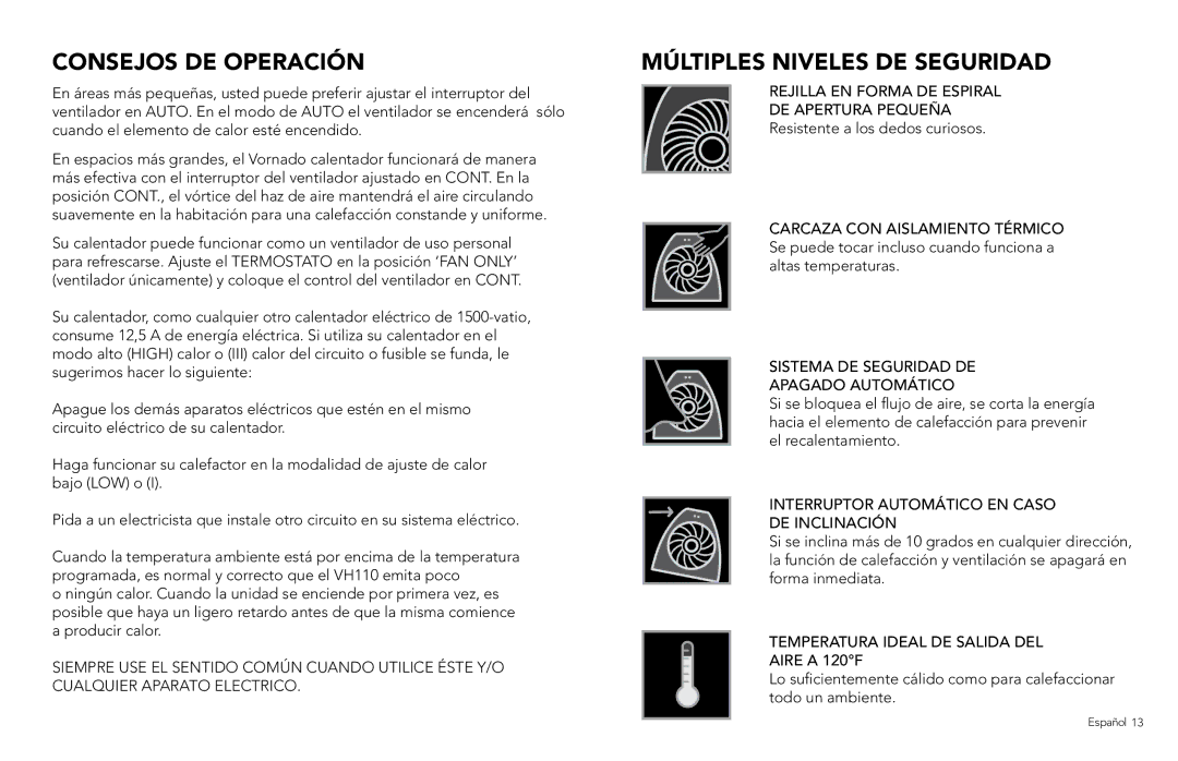 Vornado VH110 manual Consejos de Operación, Múltiples Niveles de Seguridad 