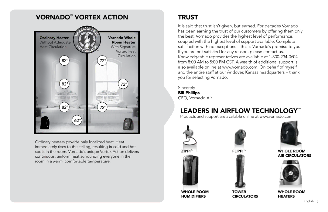 Vornado VH110 manual Vornado Vortex Action, Trust, Leaders in Airflow Technology 