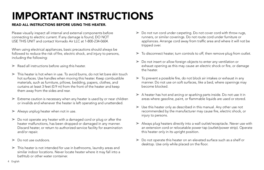 Vornado VH110 manual Important Instructions, Read ALL Instructions Before Using this Heater 