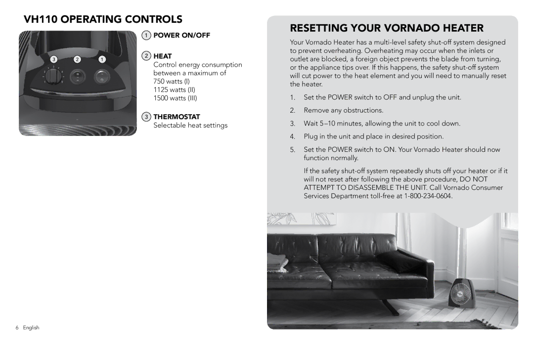 Vornado manual VH110 Operating Controls, Resetting Your Vornado Heater, Power ON/OFF, Thermostat 